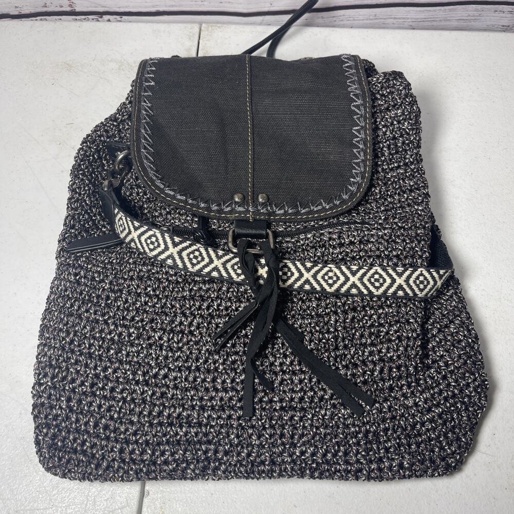 The SAK Black Gray Woven Convertible Backpack Handbag - 12"
